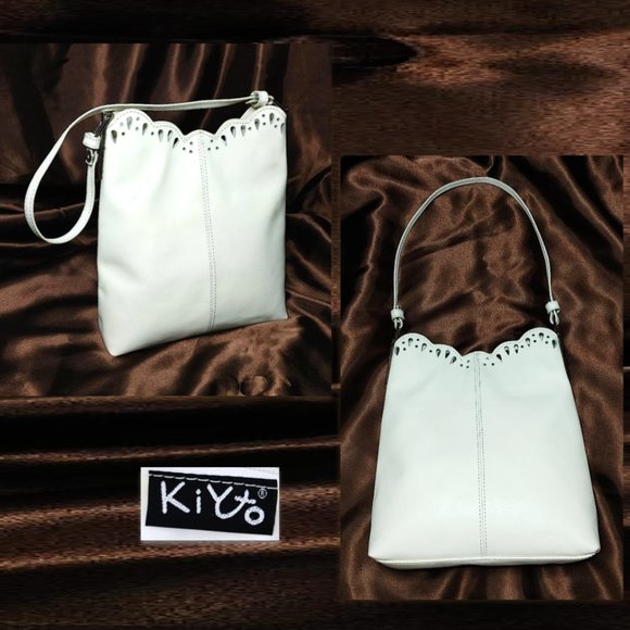 KIYTO Japan white Leather Satchel Perforated Scalloped Edge Shoulder Bag Purse - Picture 5 of 11